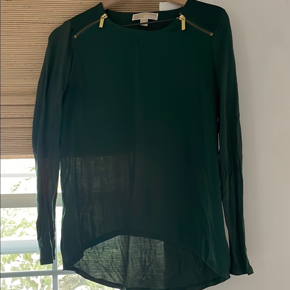 Michael Kors Green Asymmetrical Long Sleeve Blouse